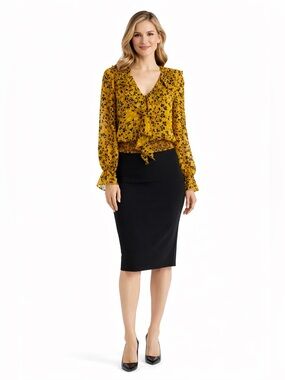 Floral Cascading Ruffle Blouse V Neck Mustard & Black Long Sleeve Ruching Sz4